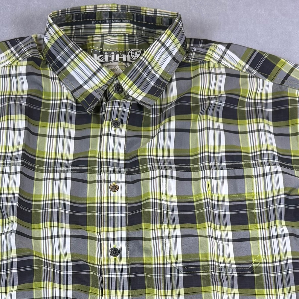 Kuhl Mens XXL Green Plaid Short Sleeve Button Down Ionik Technical Hiking Shirt*